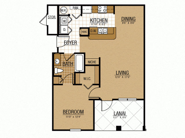 Floor plan for 1 bed, 1 bath, 782 sqft